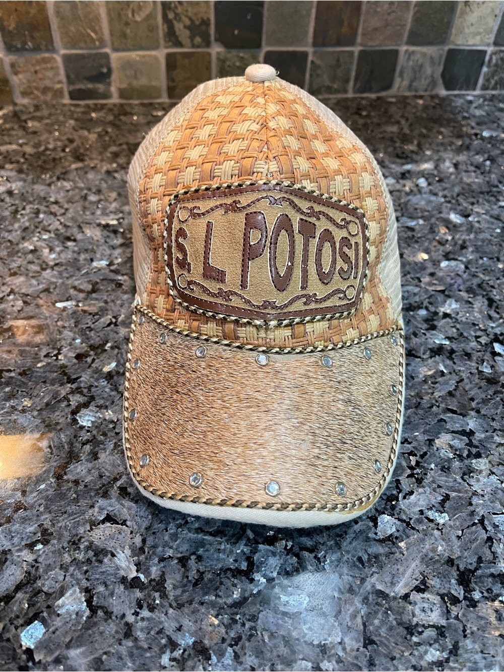 SL Potosi Women's Tan Cowhide Woven Trucker Cap with Stud Detail SnapBack